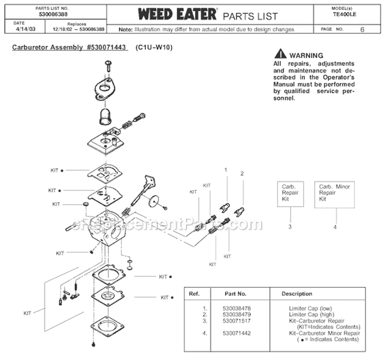Page F Diagram and Parts List for TE400LE Type 2 Weed Eater Trimmer